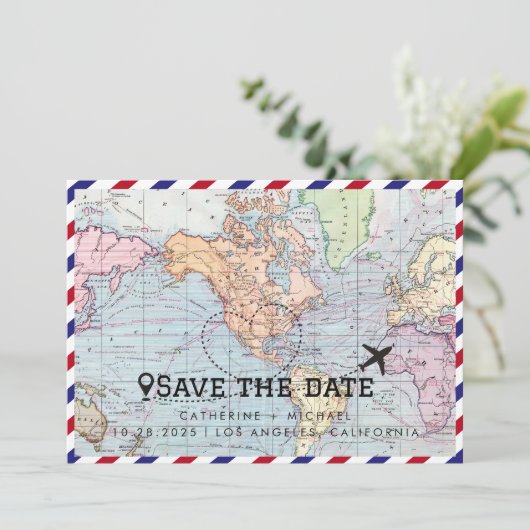 Kleurrijke Wereldkaart bestemming bruiloft bespaar Save The Date (Staand voorkant)