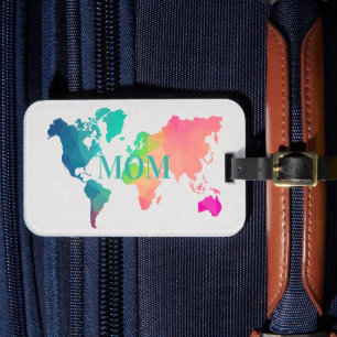 Kleurrijke Wereldkaart MOM Eigen Naam Letters Init Bagagelabel