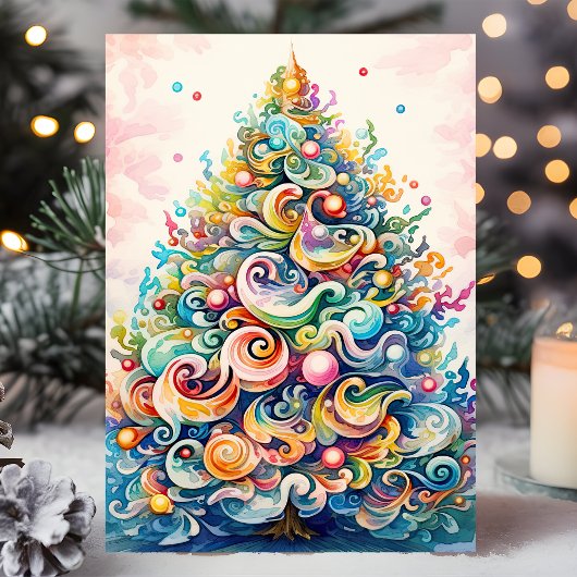 Kleurrijke wervelende kerstboom feestdagen kaart
