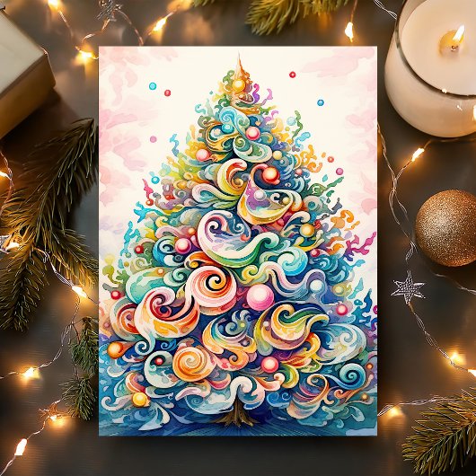 Kleurrijke wervelende kerstboom feestdagen kaart