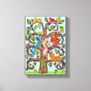 Kleurrijke whimsical Tree Fairy Cute Animal Tekeni Canvas Afdruk