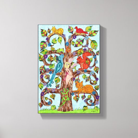 Kleurrijke whimsical Tree Fairy Cute Animal Tekeni Canvas Afdruk (Voorkant)