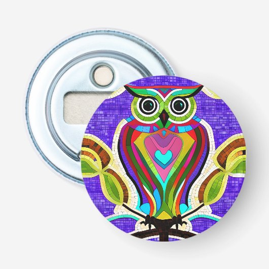Kleurrijke Whimsical Uil met Hart Button Flesopener (Voorkant)