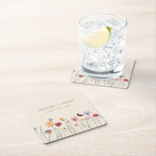 Kleurrijke Whimsical Wildflower Bruiloft Kartonnen Onderzetters (Insitu)