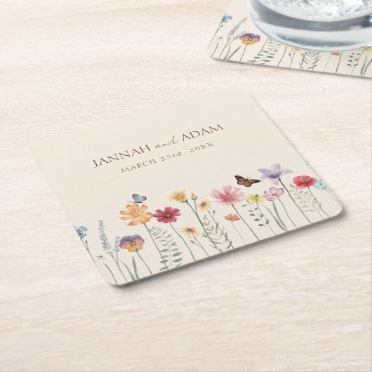 Kleurrijke Whimsical Wildflower Bruiloft Kartonnen Onderzetters (Schuin)