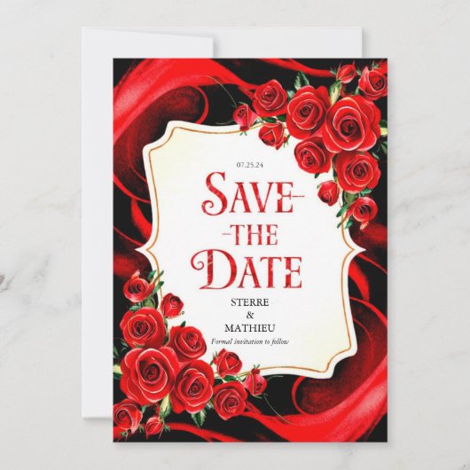 Kleurrijke Whimsy Crimson Rode Rozen Bruiloft Save The Date (Voorkant)