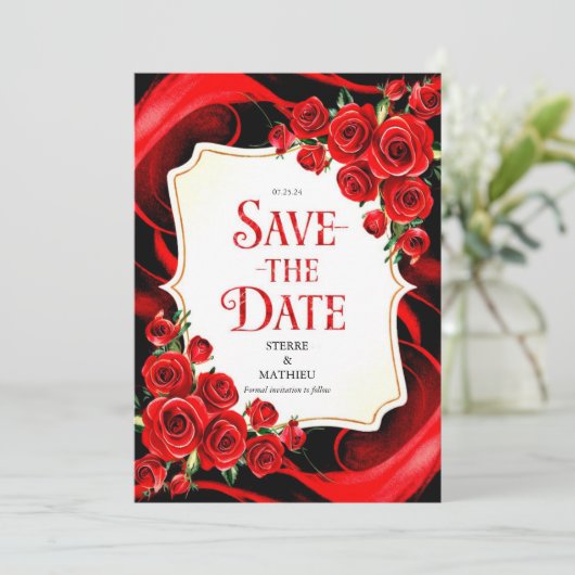 Kleurrijke Whimsy Crimson Rode Rozen Bruiloft Save The Date (Staand voorkant)