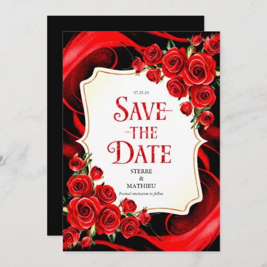 Kleurrijke Whimsy Crimson Rode Rozen Bruiloft Save The Date (Voorkant / Achterkant)