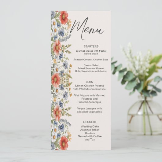 Kleurrijke Wildbloemen Bruiloft Menu (Staand voorkant)