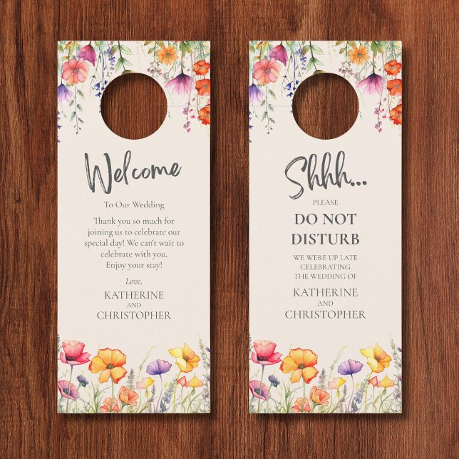 Kleurrijke Wildbloemen bruiloft Shhh niet storen Deurhanger (Colorful Wildflowers Wedding Shhh Door Hanger with Welcome Message, pink, orange, purple flowers.)