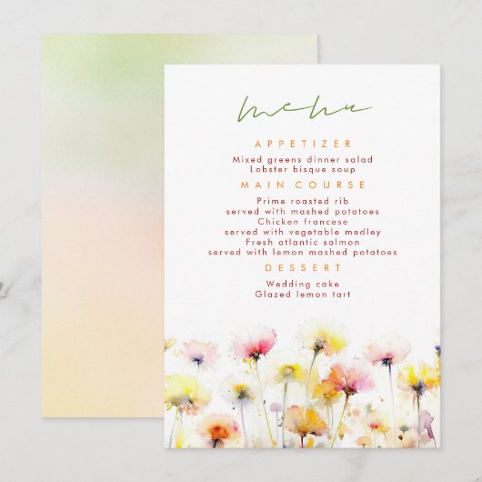 Kleurrijke Wildbloemen Elegant Wedding Menu (Voorkant / Achterkant)