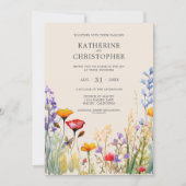 Kleurrijke Wildbloemen Elegante Beige Bruiloft Kaart (Voorkant)