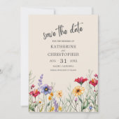 Kleurrijke Wildbloemen Elegante Beige Bruiloft Save The Date (Voorkant)