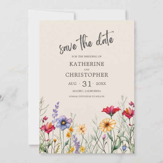 Kleurrijke Wildbloemen Elegante Beige Bruiloft Save The Date (Voorkant)