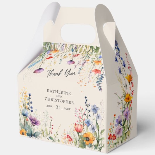 Kleurrijke Wildbloemen Elegante Beige Grote Bruilo Bedankdoosjes (Voorkant)