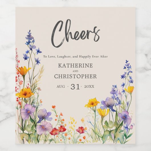 Kleurrijke Wildbloemen Elegante proost bruiloft Wijn Etiket (Enkel label)