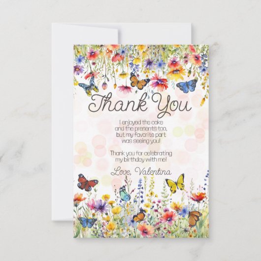 Kleurrijke Wildbloemen & Vlinders Verjaardagsfeest Bedankkaart (Voorkant)
