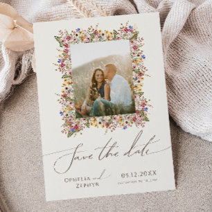 Kleurrijke wilde bloem   Beige Meadow Photo Lijst Save The Date