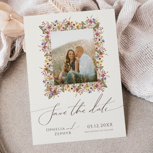 Kleurrijke wilde bloem | Beige Meadow Photo Lijst Save The Date