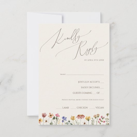 Kleurrijke Wilde Bloem | Beige Menu Keuze RSVP Kaa (Voorkant)