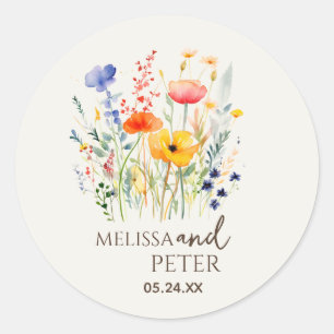 Kleurrijke Wilde Bloem Beige Monogram Foto Bruilof Ronde Sticker