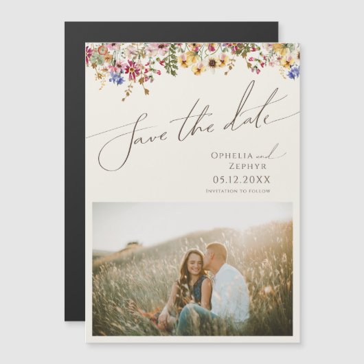 Kleurrijke wilde bloem | Beige Save the Date Magnetische Uitnodiging (Voorkant / Achterkant)
