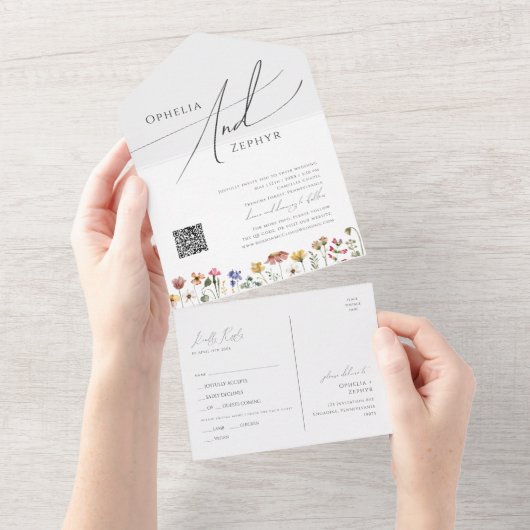 Kleurrijke wilde bloem | Casual QR-codenummer en v All In One Uitnodiging (Afscheurbaar)