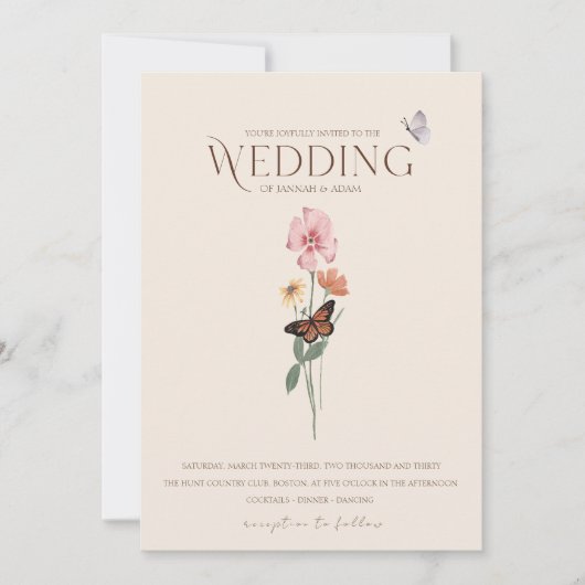 Kleurrijke Wilde Bloem en Vlinder Bloem Bruiloft Kaart (Voorkant)