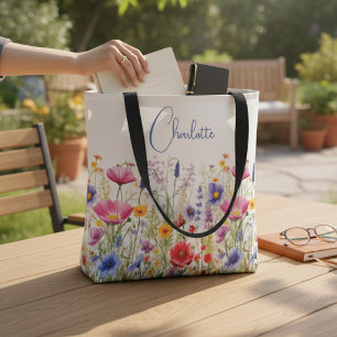 Kleurrijke Wilde Bloem Gepersonaliseerde Naam Tote Bag