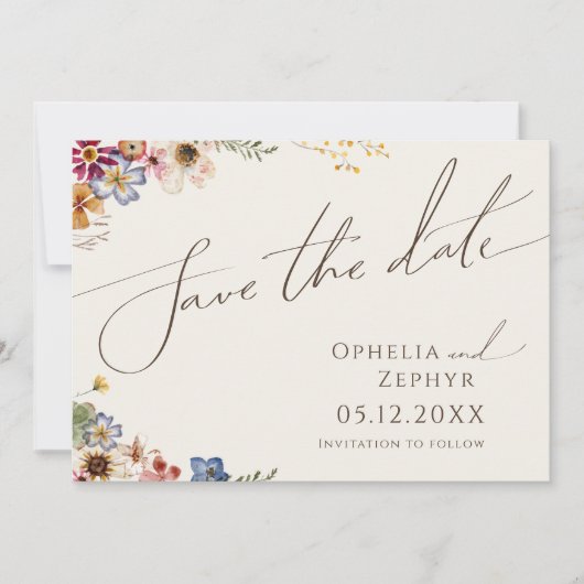 Kleurrijke wilde bloem | Horizontaal beige tuin Save The Date (Voorkant)