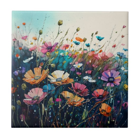 Kleurrijke wilde bloem kunst tegeltje (Voorkant)