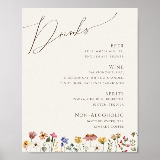 Kleurrijke wilde bloem | Menu Drinken beige Weddin Poster (Voorkant)
