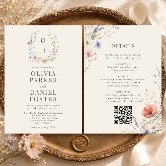 Kleurrijke Wilde Bloem Monogram QR Code Boho Bruil Kaart