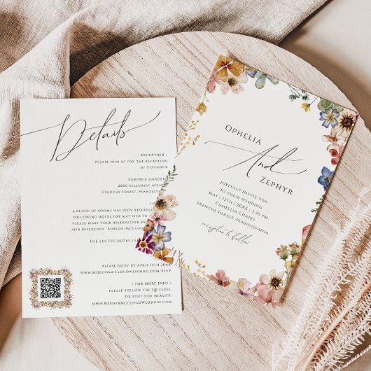 Kleurrijke wilde bloem | QR-code in één huwelijk Kaart