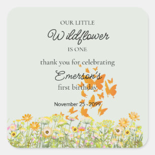 Kleurrijke Wilde Bloem Vlinder 1e Verjaardag Vierkante Sticker