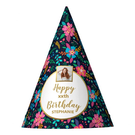 Kleurrijke wilde bloemen Aangepast Foto Happy Birt Feesthoedjes (Voorkant)