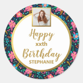 Kleurrijke Wilde Bloemen, Aangepaste Foto, Gelukki Ronde Sticker