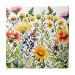 Kleurrijke wilde bloemen aquarelschildering tegeltje