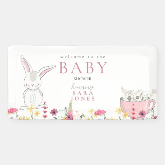 Kleurrijke wilde bloemen Baby shower konijn Spandoek (Horizontaal)
