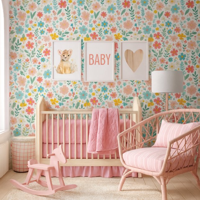 Kleurrijke wilde bloemen bloembehang behang (A charming baby nursery featuring a joyful & fresh color palette, with a focus a stunning wallpaper)