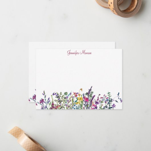 Kleurrijke wilde bloemen gepersonaliseerd notitiekaartje (Voorkant / Achterkant in situ)
