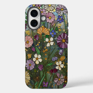 Kleurrijke Wilde Bloemen Glas-in-Lood Effect iPhone 16 Hoesje