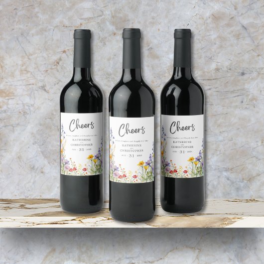 Kleurrijke wilde bloemen juichen elegante bruiloft wijn etiket