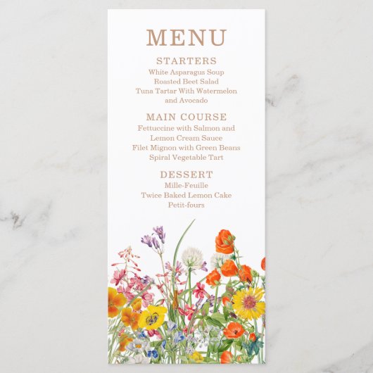 Kleurrijke Wilde Bloemen Landelijke Bruiloft Menu (Voorkant)
