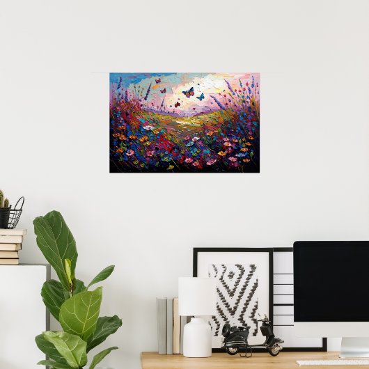 Kleurrijke wilde bloemen Meadow met Butterflies Poster (Thuiskantoor)