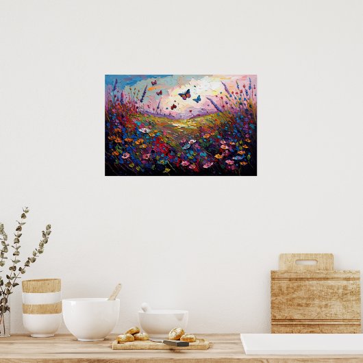 Kleurrijke wilde bloemen Meadow met Butterflies Poster (Keuken)