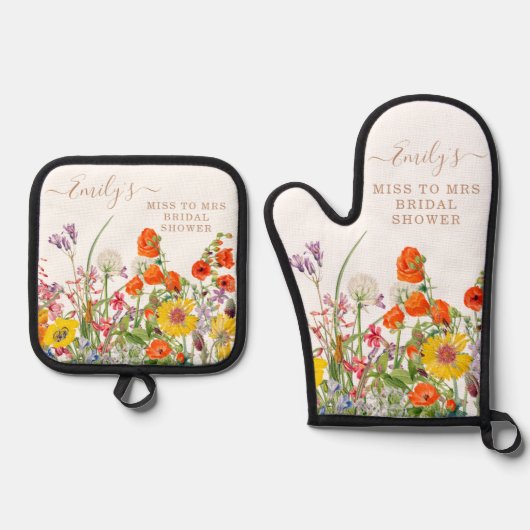 Kleurrijke Wilde Bloemen Miss To Mrs Bruidsfeest Ovenwant & Pannenlap Set (Voorkant)