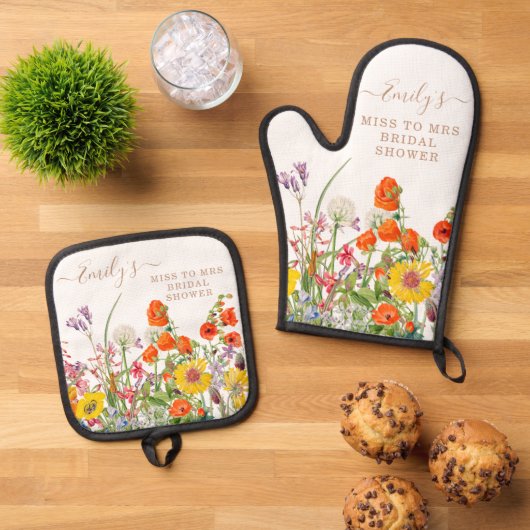 Kleurrijke Wilde Bloemen Miss Tot Mrs Bruidsfeest Ovenwant & Pannenlap Set (Top down)