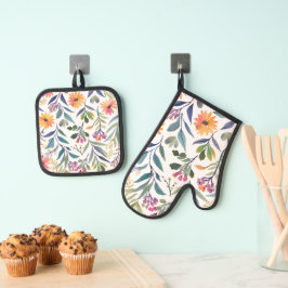 Kleurrijke Wilde Bloemen | Mooie Bloemenschilderin Ovenwant & Pannenlap Set