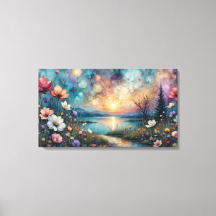 kleurrijke wilde bloemen op het water rand landsch canvas afdruk